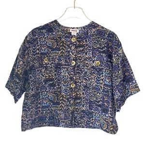 Vintage Rodier Silk Cropped Blouse Top Ikat Print Blue  Olive Size Small 38